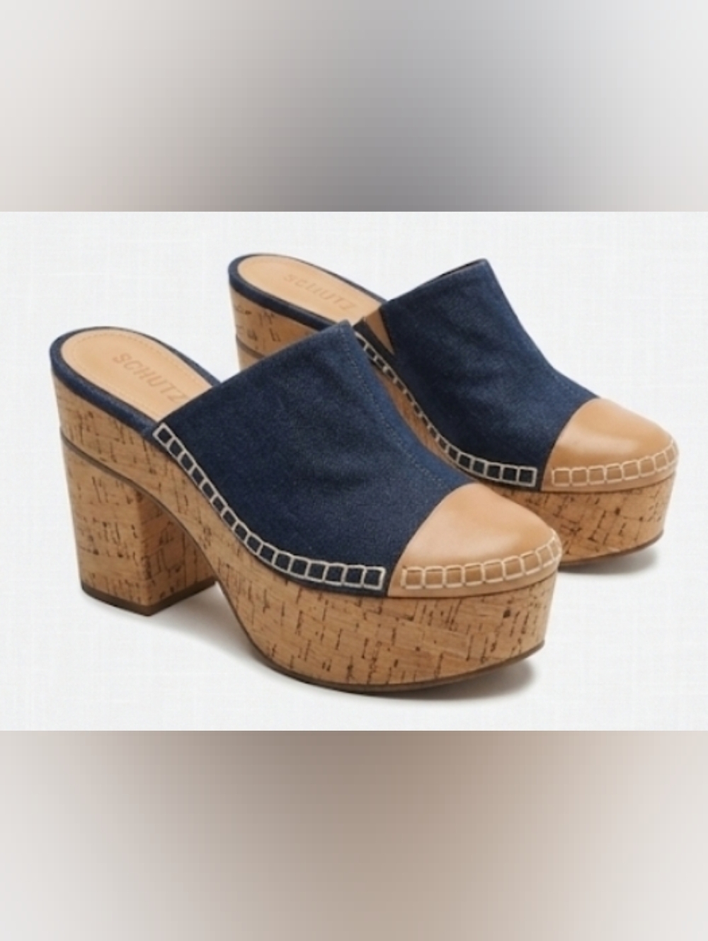 Schutz Denim & Cork Platform Mules Sz. 9.5